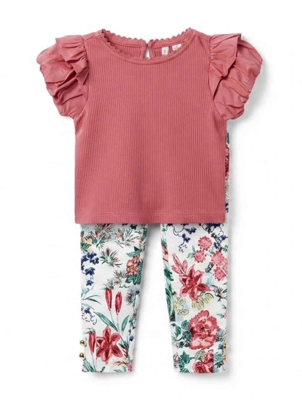 Pink Ruffle-Sleeve Top with Floral Leggings Set